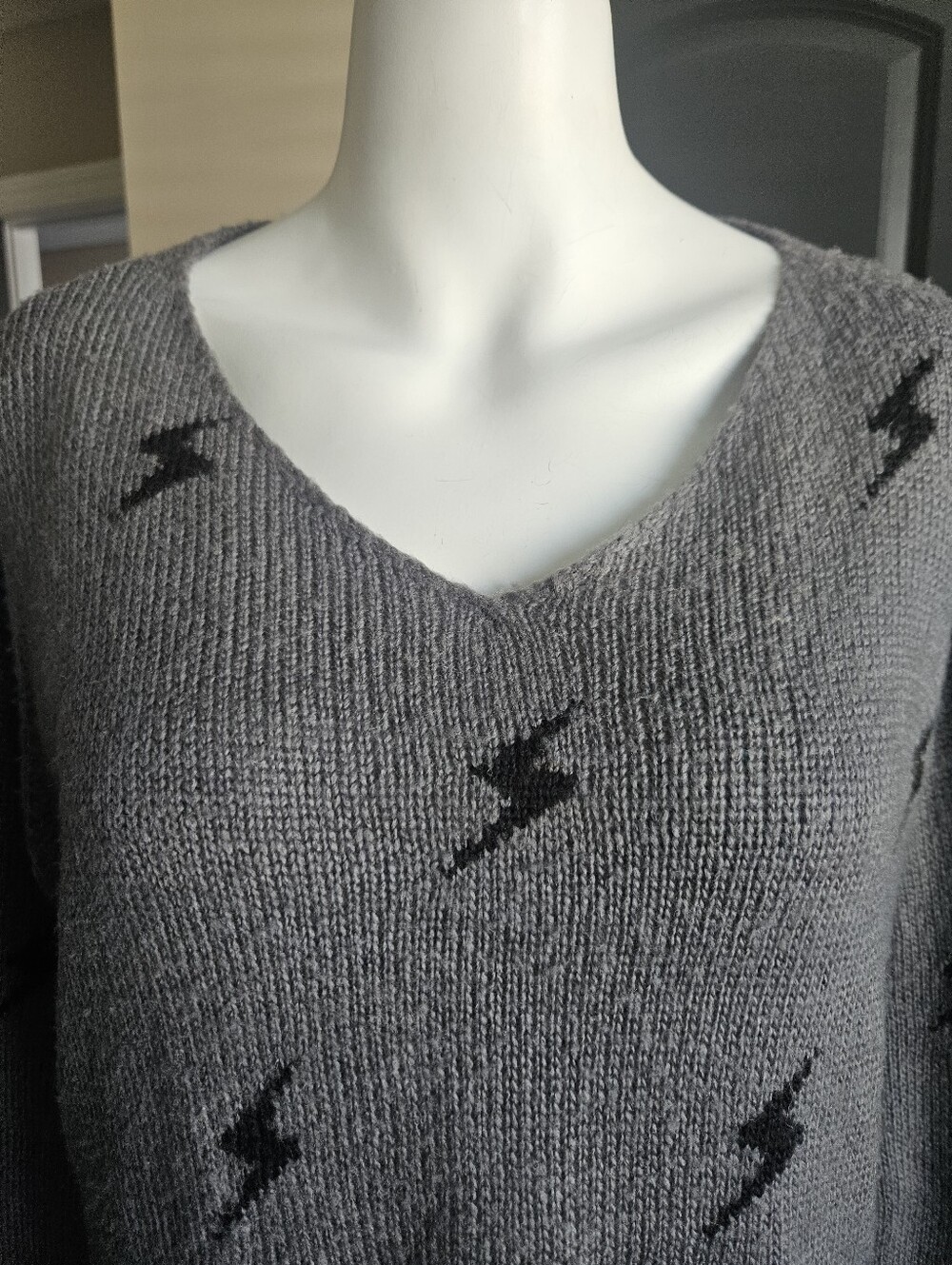 Wooden Ships Gray Black Lightning Bolt Mohair Blend V-neck Sweater XS/S - Picture 2 of 11